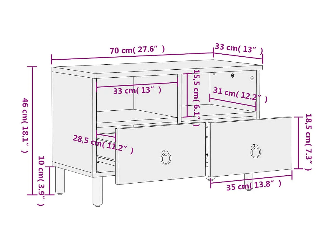 Mueble de TV madera maciza de mango 70x33x46 cm