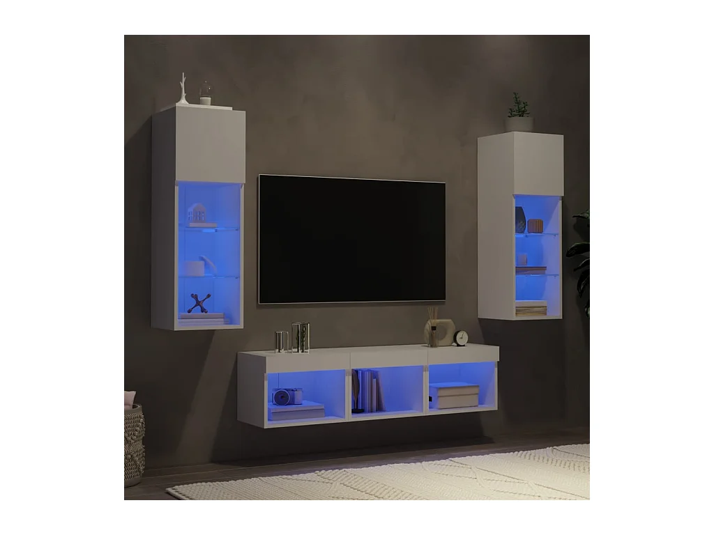 5-delige Tv-wandmeubelset met LED-verlichting bewerkt hout wit