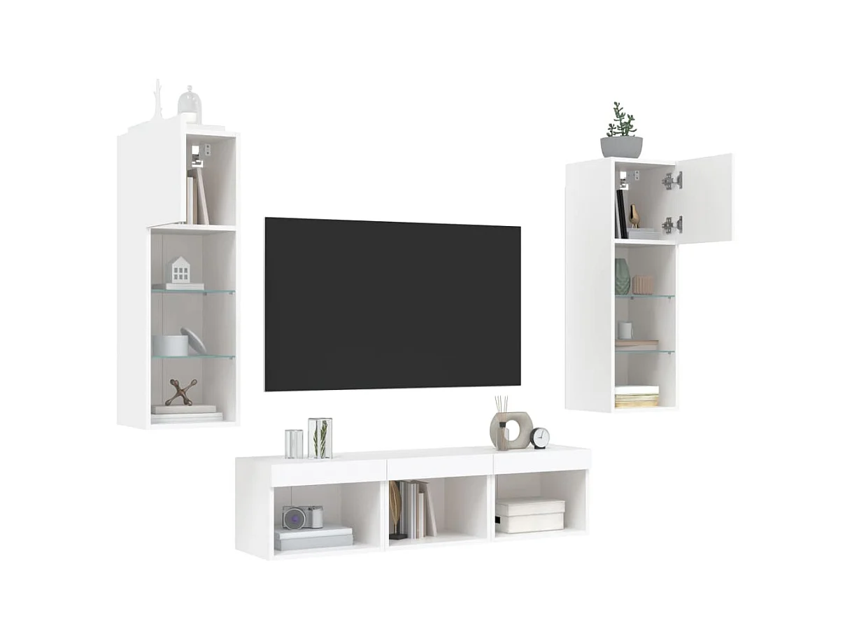 Unités murales TV avec LED 5 pcs blanc bois d'ingénierie