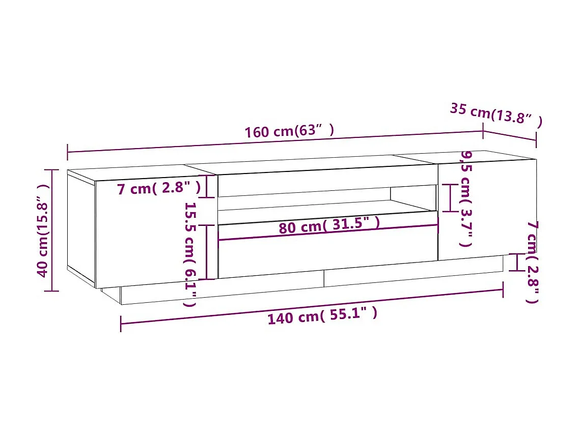 Meuble TV avec lumières LED blanc brillant 160x35x40 cm