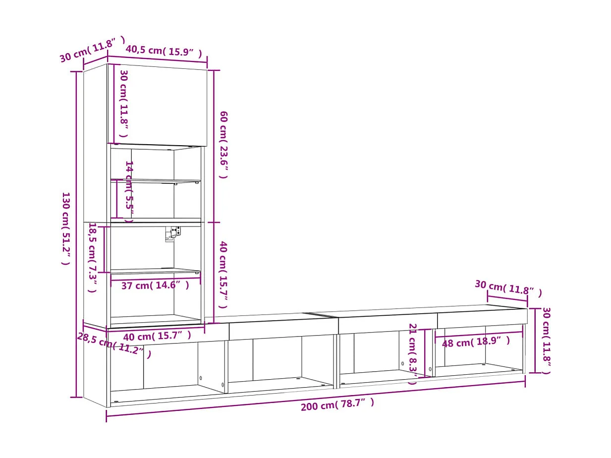 4pcs móveis de parede p/ TV c/ LEDs derivados de madeira branco