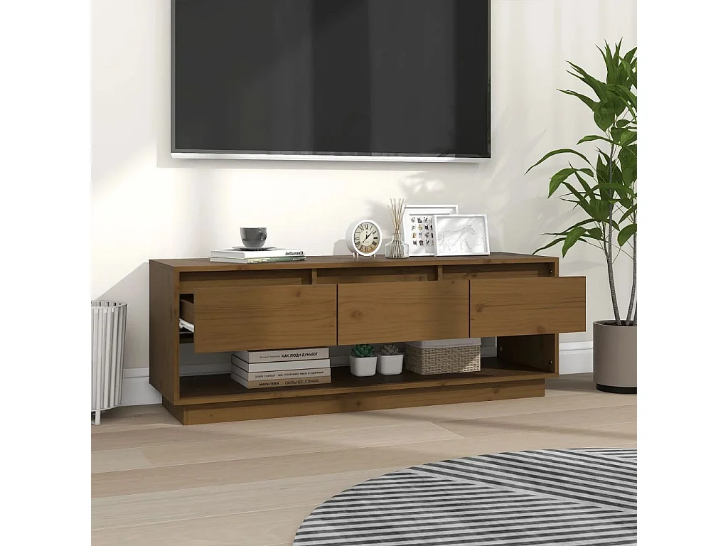 Mobile Porta TV Ambrato 110,5x34x40cm in Legno Massello di Pino