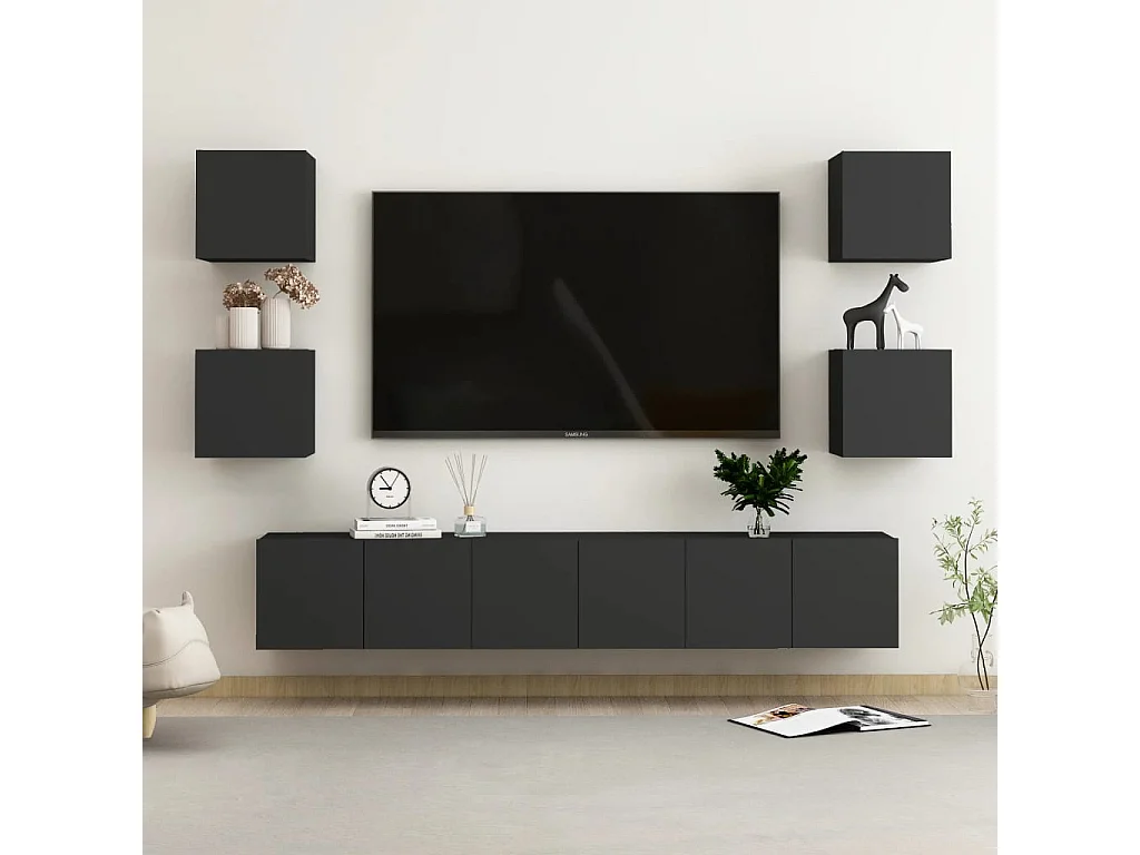 7 pcs conjunto de móveis de TV derivados de madeira preto