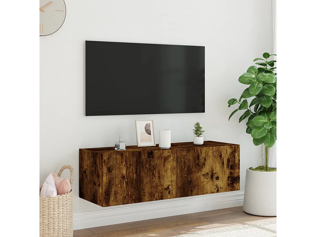 Meuble TV mural avec lumières LED chêne fumé 100x35x31 cm