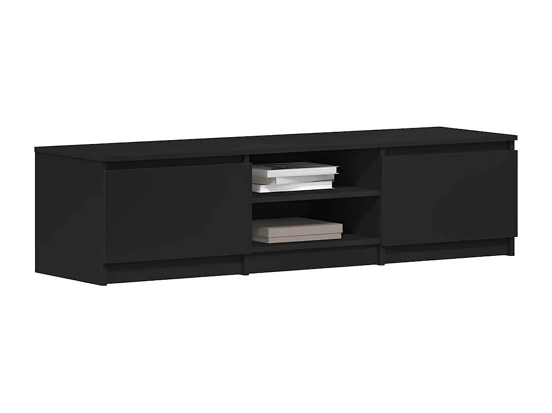 Stolik pod TV 140x40x35,5cm, wykonany z materiałów drewnopochodnych, w kolorze białym połyskującym.