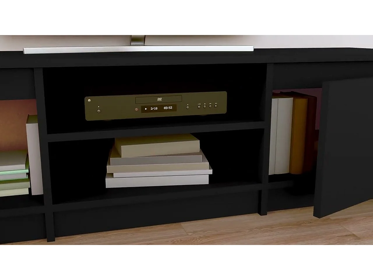 Stolik pod TV 140x40x35,5cm, wykonany z materiałów drewnopochodnych, w kolorze białym połyskującym.