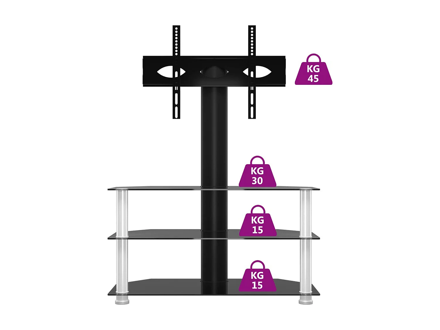 Tv-standaard hoek 3-laags voor 32-70 inch zwart en zilverkleur