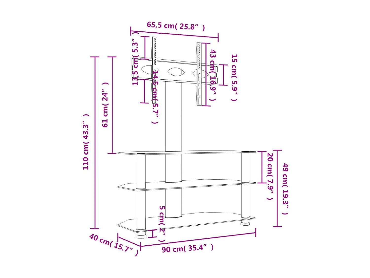 Tv-standaard hoek 3-laags voor 32-70 inch zwart en zilverkleur
