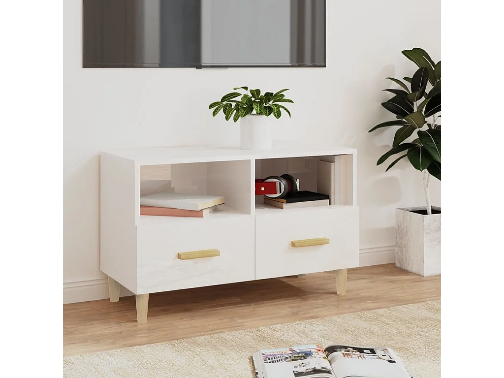 Mueble de TV madera contrachapada blanco brillo 80x36x50 cm