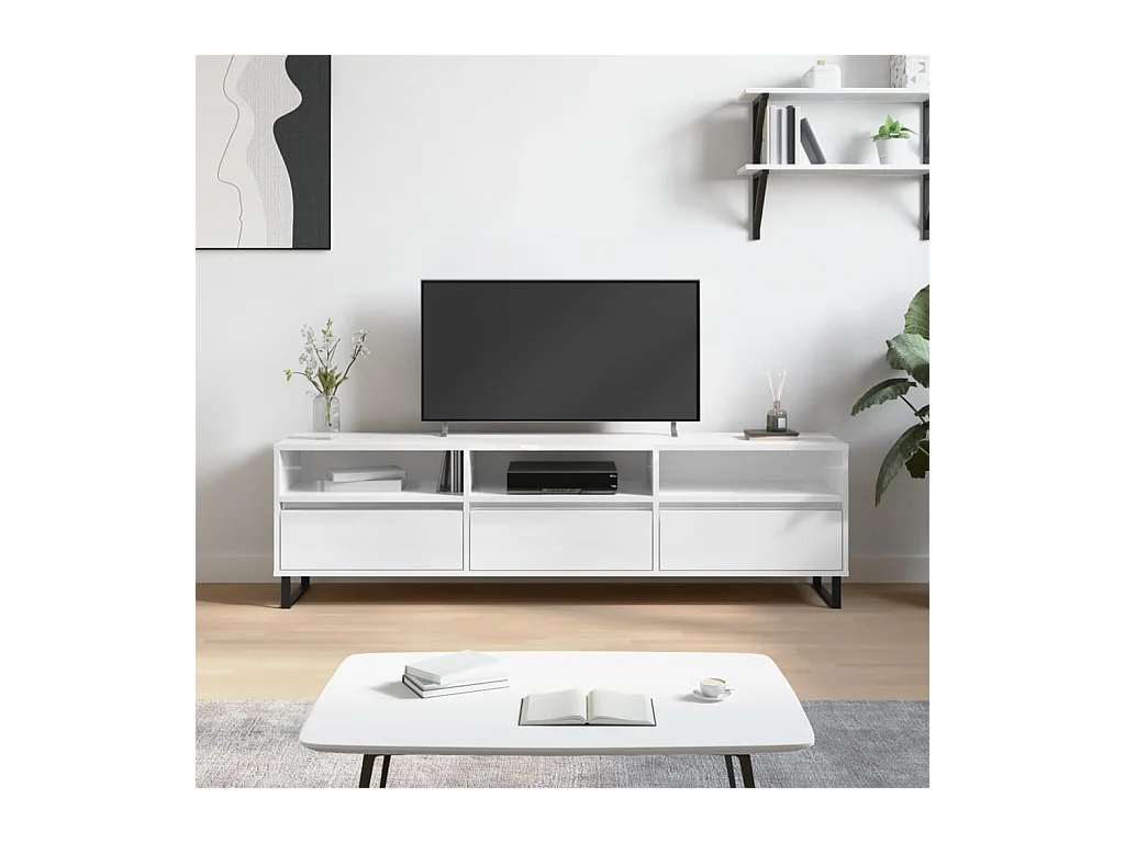 Meuble TV blanc brillant 150x30x44,5 cm bois d'ingénierie