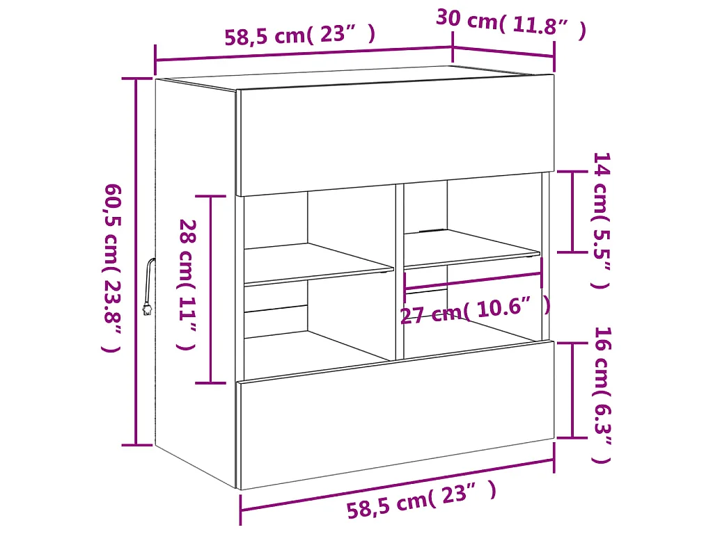 Mobile TV a Parete con Luci LED Nero 58,5x30x60,5 cm