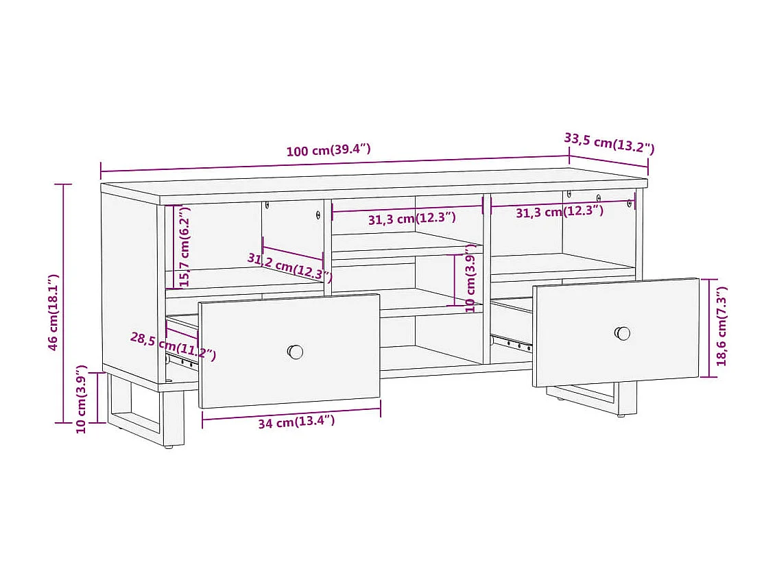 Meuble TV marron et noir 100x33,5x46 cm bois massif de manguier