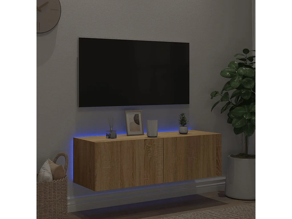 Meuble TV mural avec lumières LED chêne sonoma 100x35x31 cm