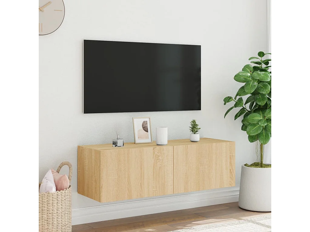 Meuble TV mural avec lumières LED chêne sonoma 100x35x31 cm