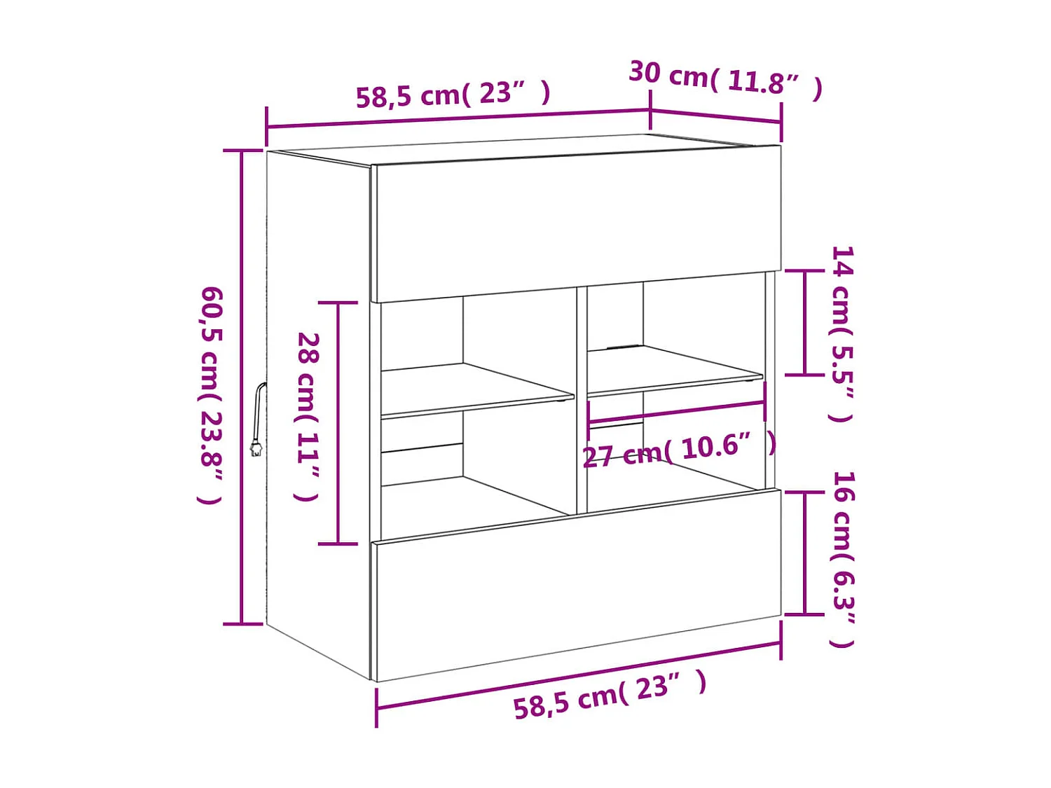Meuble TV mural avec lumières LED chêne fumé 58,5x30x60,5 cm