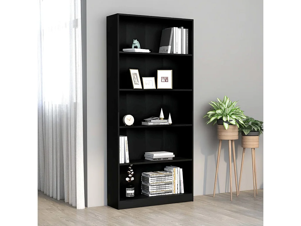 Libreria a 5 Ripiani Nera 80x24x175 cm in Legno Multistrato