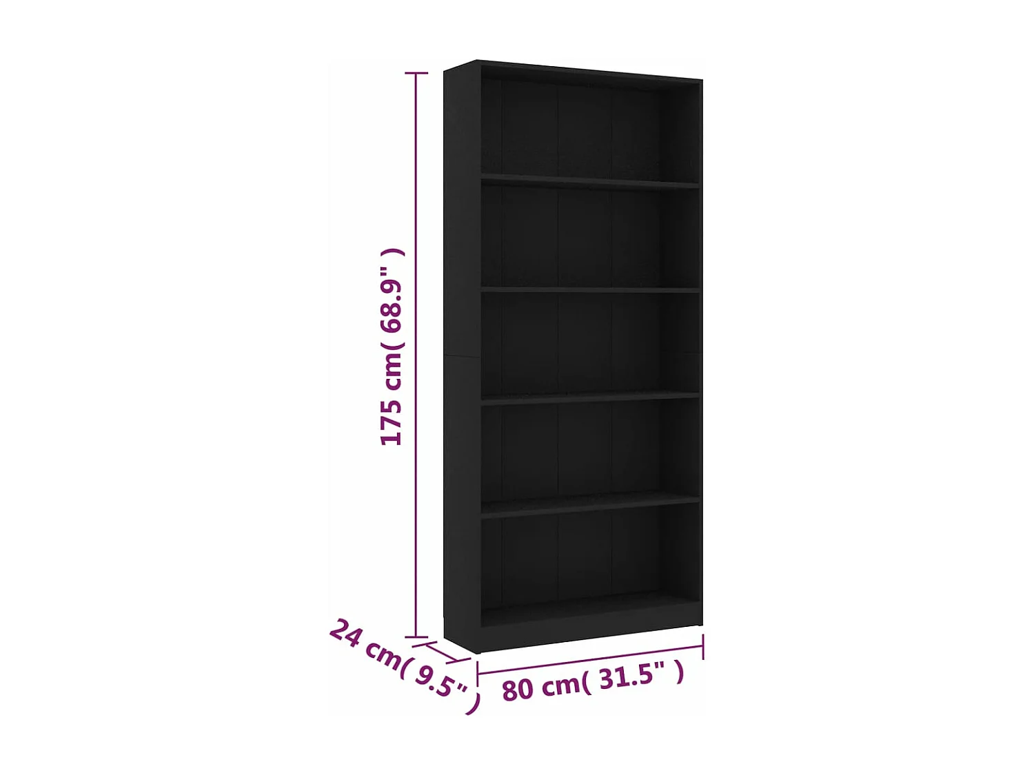 Libreria a 5 Ripiani Nera 80x24x175 cm in Legno Multistrato