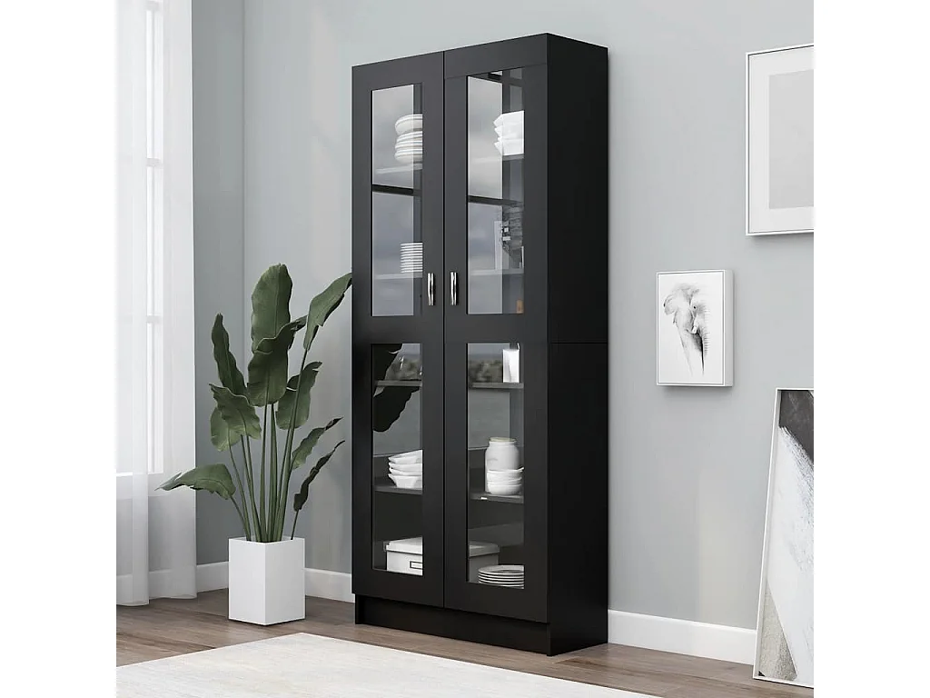 Armadietto con Vetrina Nero 82,5x30,5x185cm Legno Multistrato