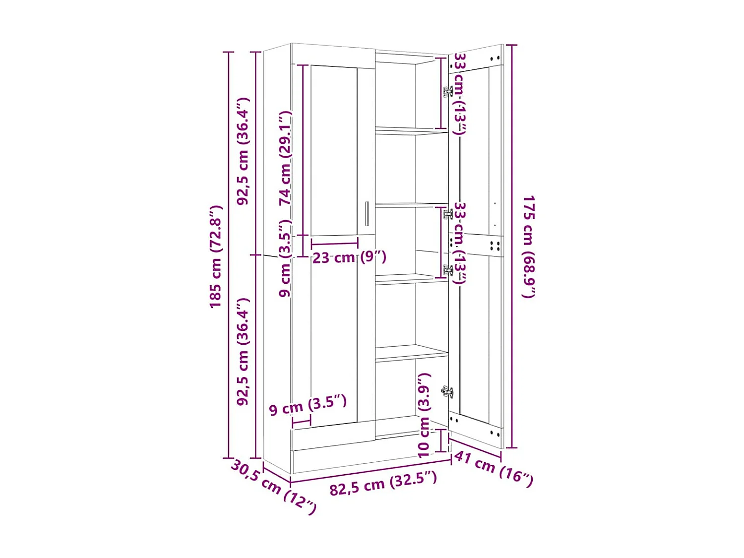 Armadietto con Vetrina Nero 82,5x30,5x185cm Legno Multistrato