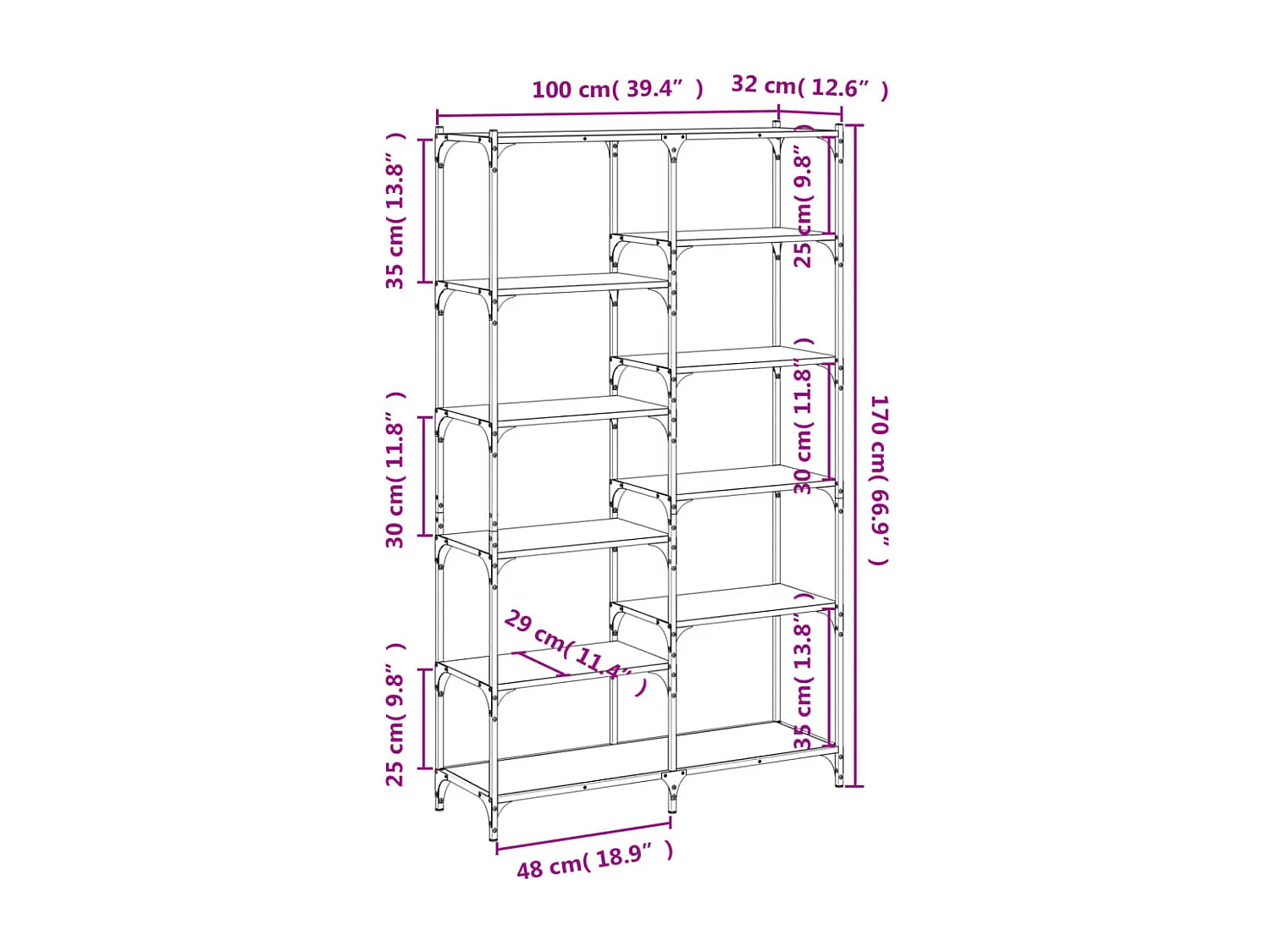 Libreria Nera 100x32x170 cm in Legno Multistrato e Ferro