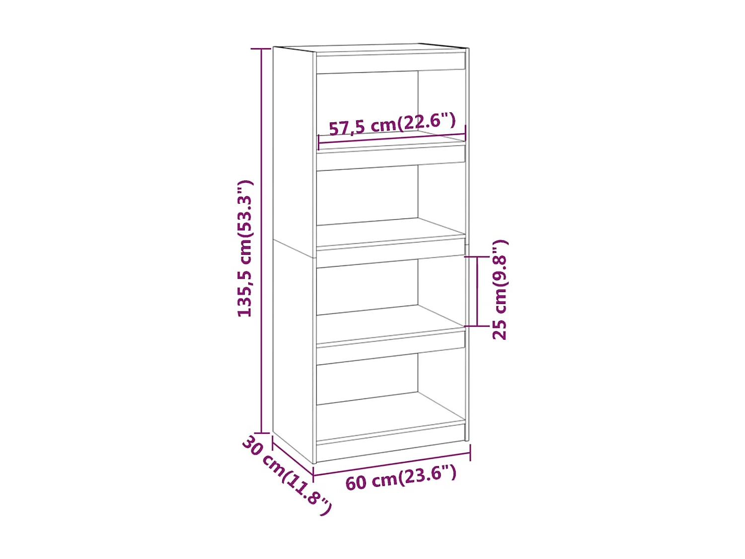 Estantería/divisor de espacios madera pino gris 60x30x135,5cm