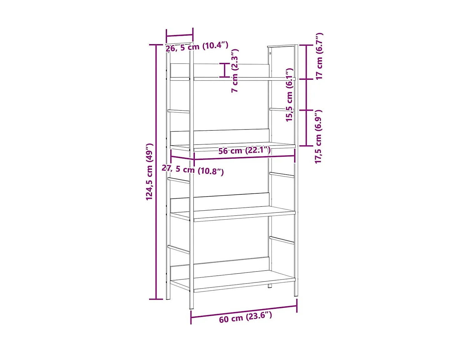 Bücherregal 4 Regalböden Eiche 60×27,6×124,5 cm Holzwerkstoff