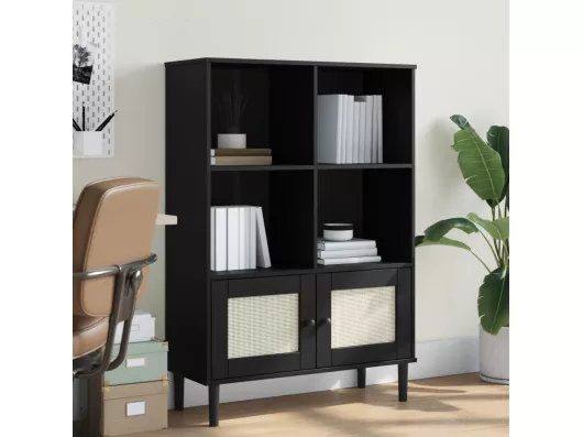 Kauf Unique Bücherschrank SENJA Rattan-Look Schwarz 90x35x130cm Kiefernholz