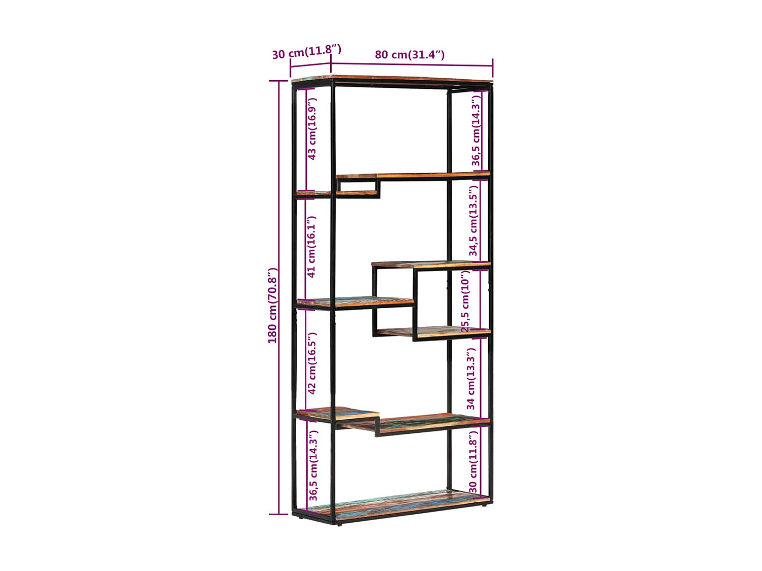 Estante 80x30x180 cm madeira recuperada maciça