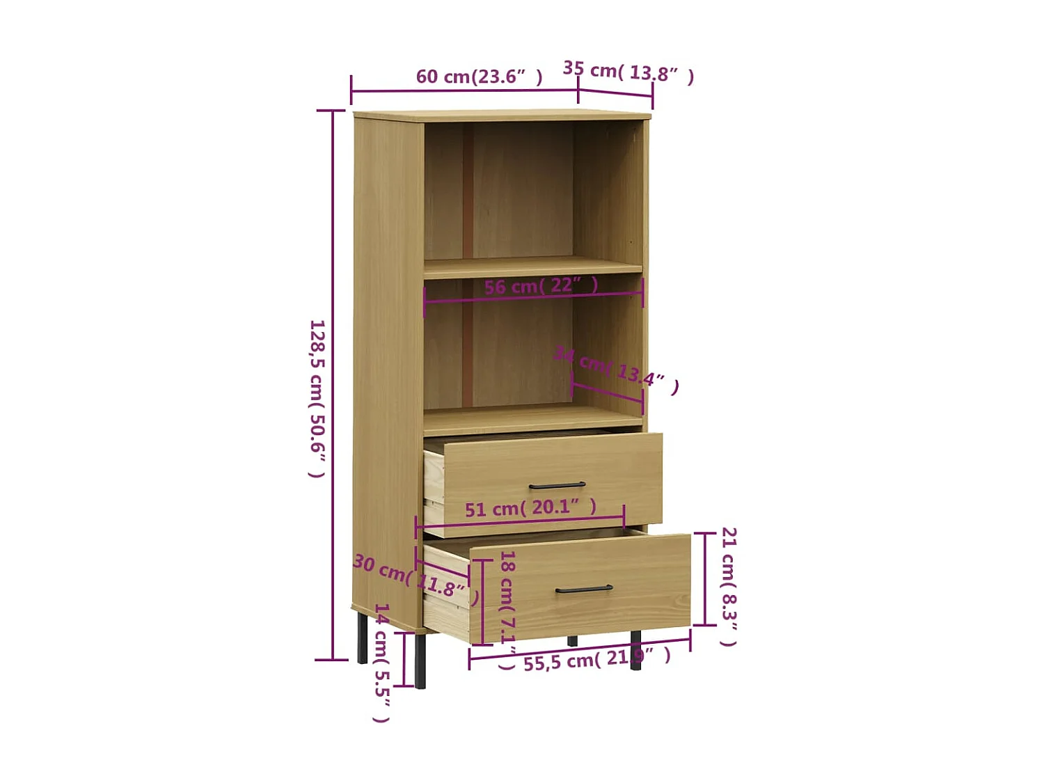Bibliothèque à 2 tiroirs Marron 60x35x128,5 cm Bois massif OSLO