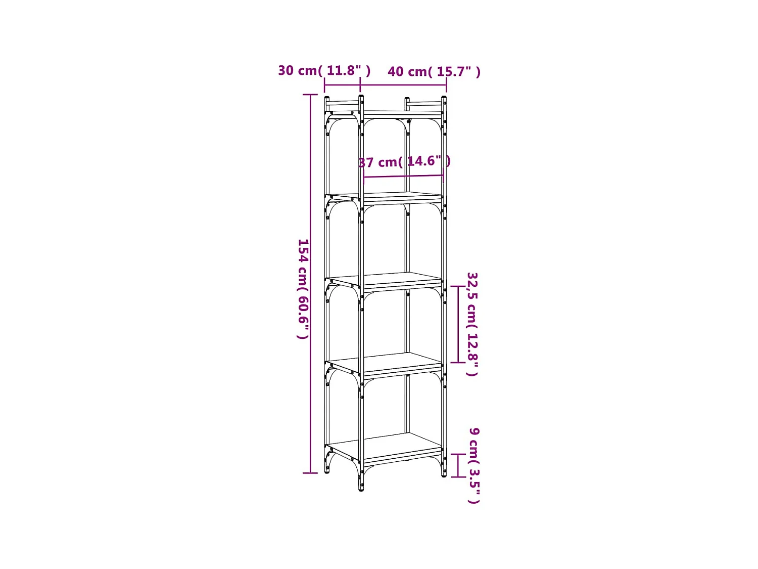 Bibliothèque 5 niveaux chêne fumé 40x30x154cm bois d'ingénierie