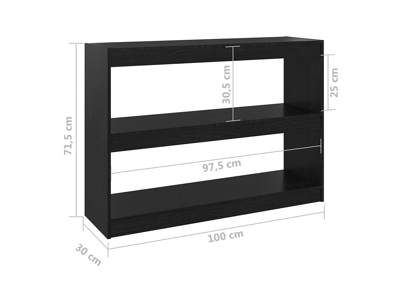 Bücherregal Raumteiler Schwarz 100x30x71,5 cm Massivholz Kiefer