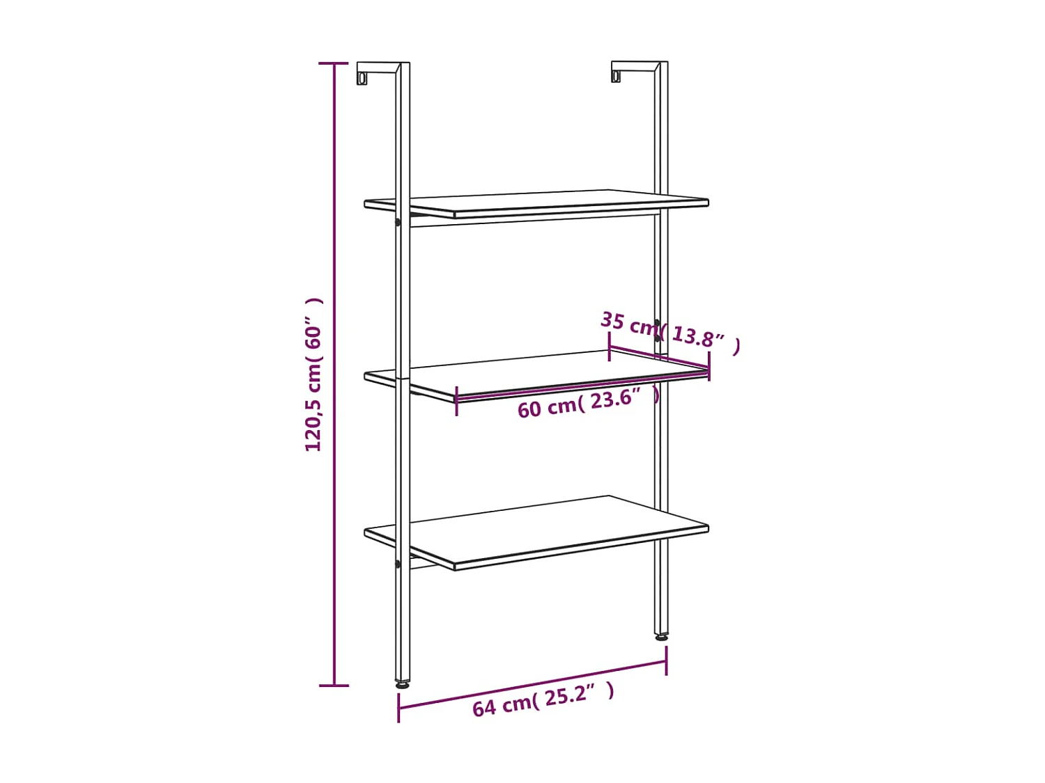 Scaffale Pendente 3 Livelli Marrone Scuro e Nero 64x35x120,5 cm