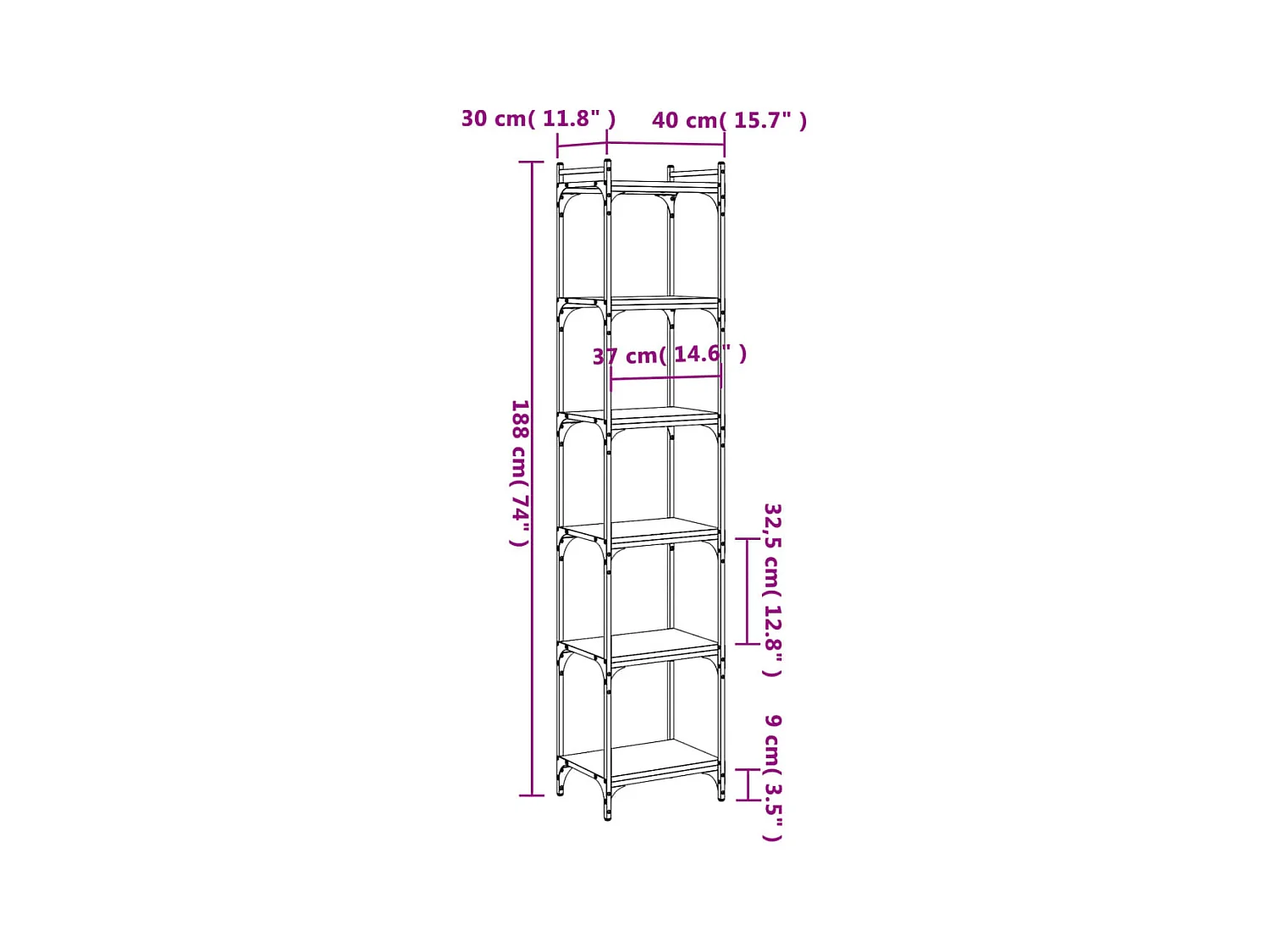 Bücherregal 6 Böden Braun Eiche-Optik 40x30x188cm Holzwerkstoff
