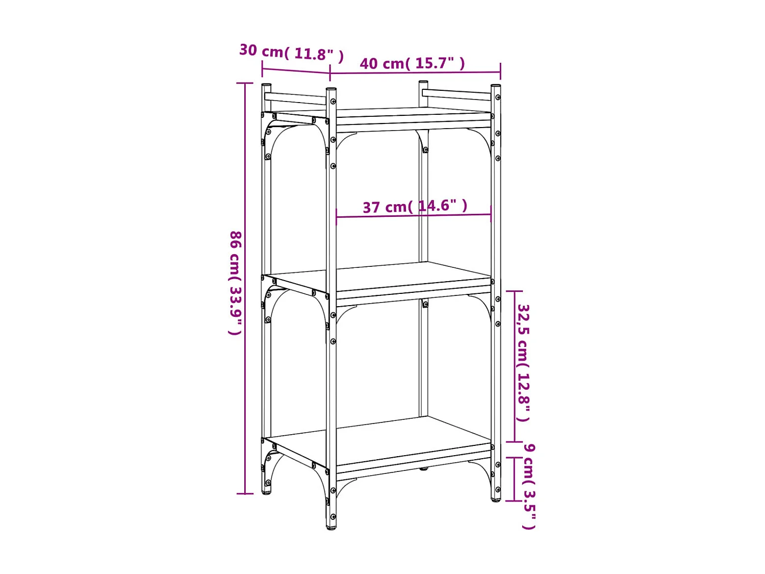 Bibliothèque 3 niveaux chêne fumé 40x30x86 cm bois d'ingénierie