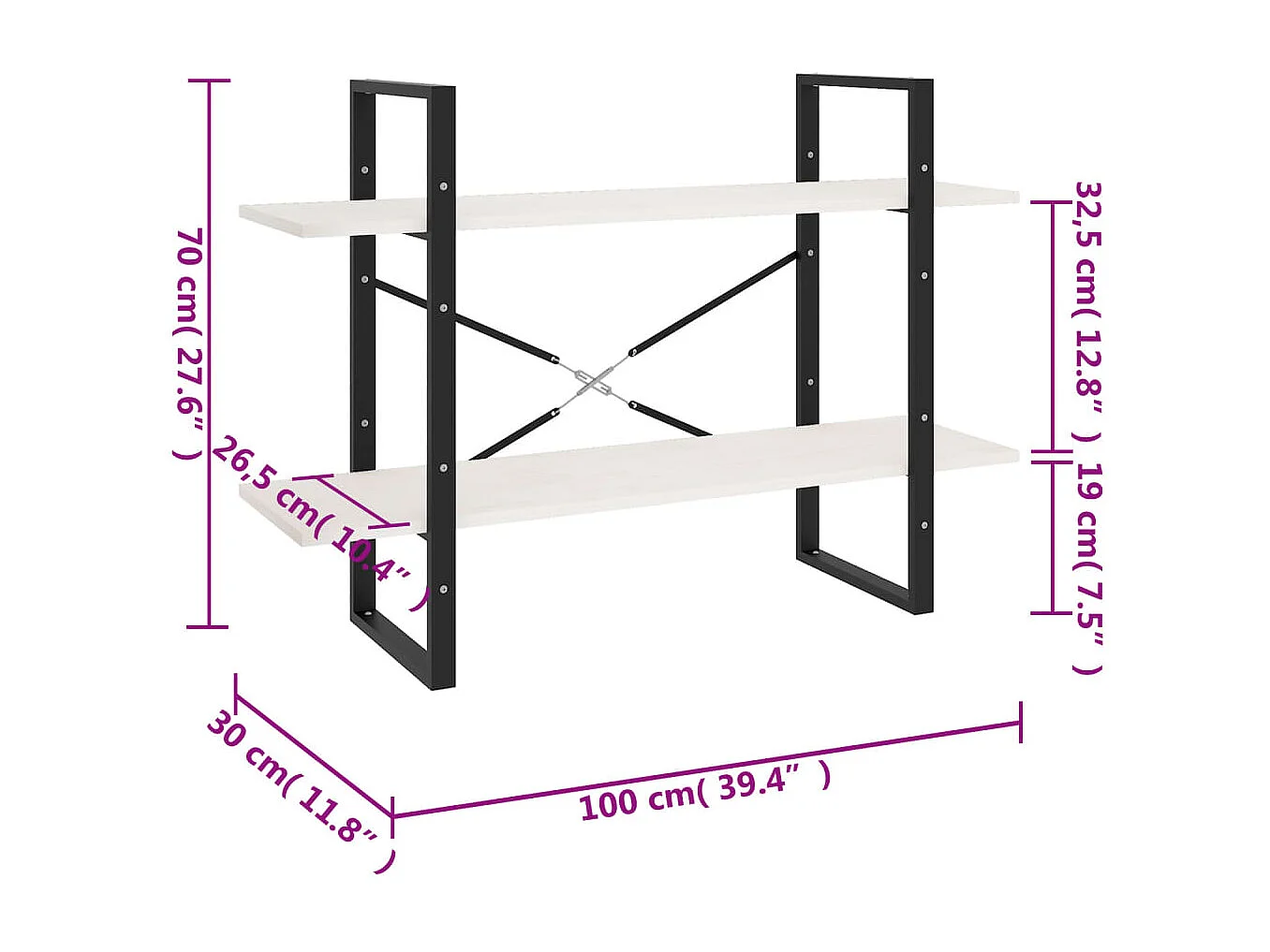 Estante com 2 prateleiras 100x30x70 cm pinho maciço branco