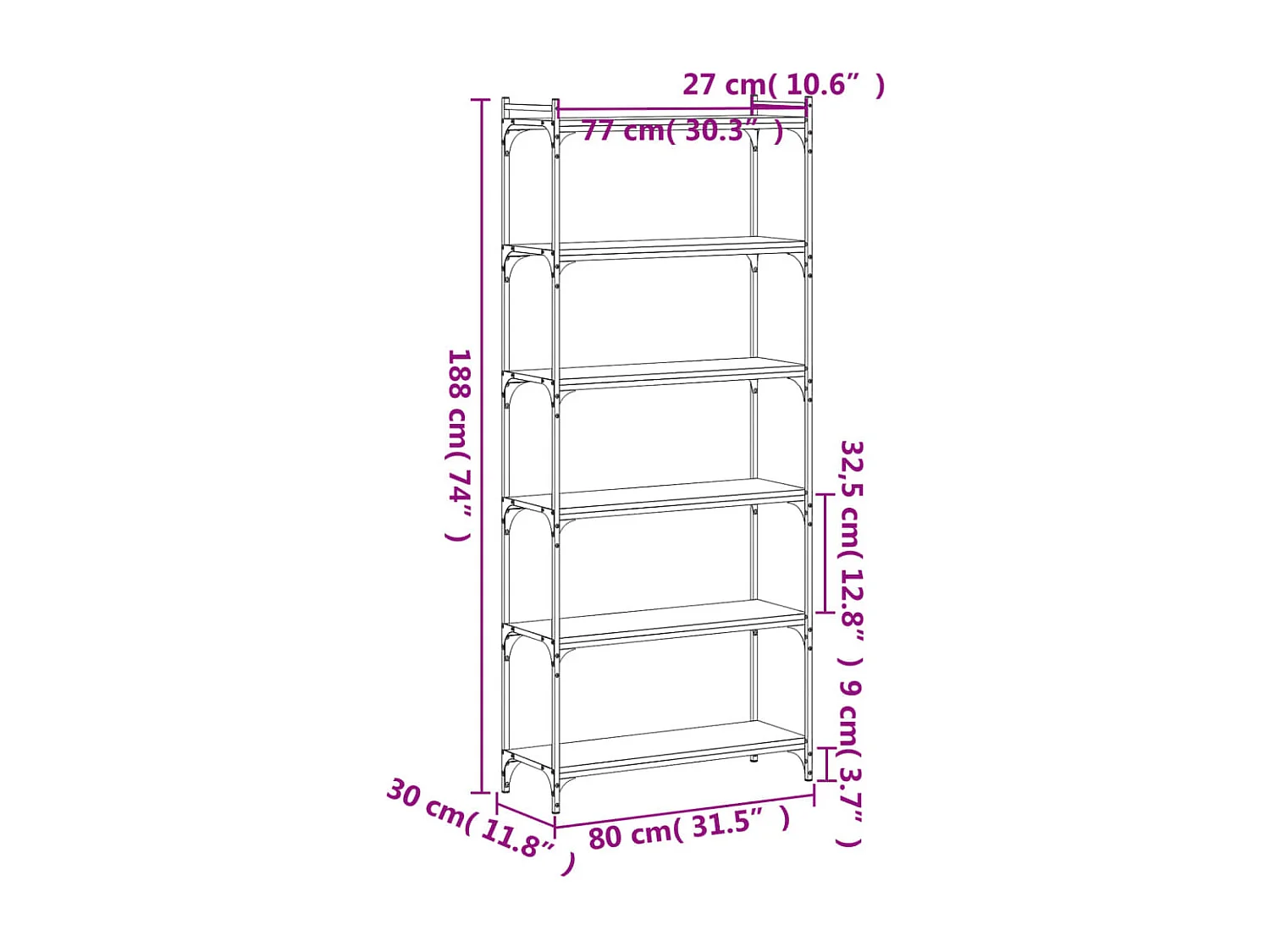 Boekenkast 6-laags 80x30x188 cm bewerkt hout gerookt eikenkleur