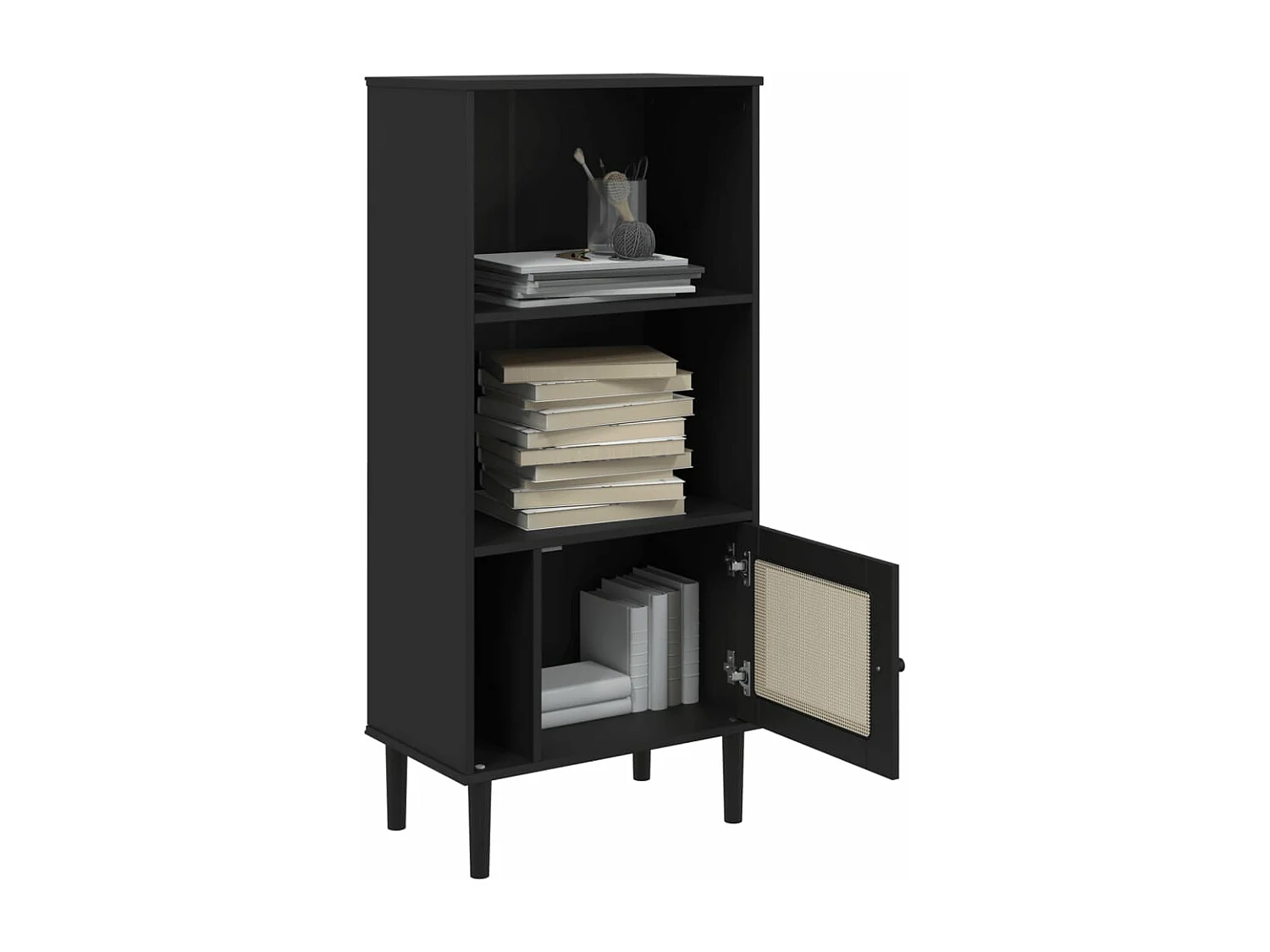 Bücherschrank SENJA Rattan-Look Schwarz 60x35x130cm Kiefernholz
