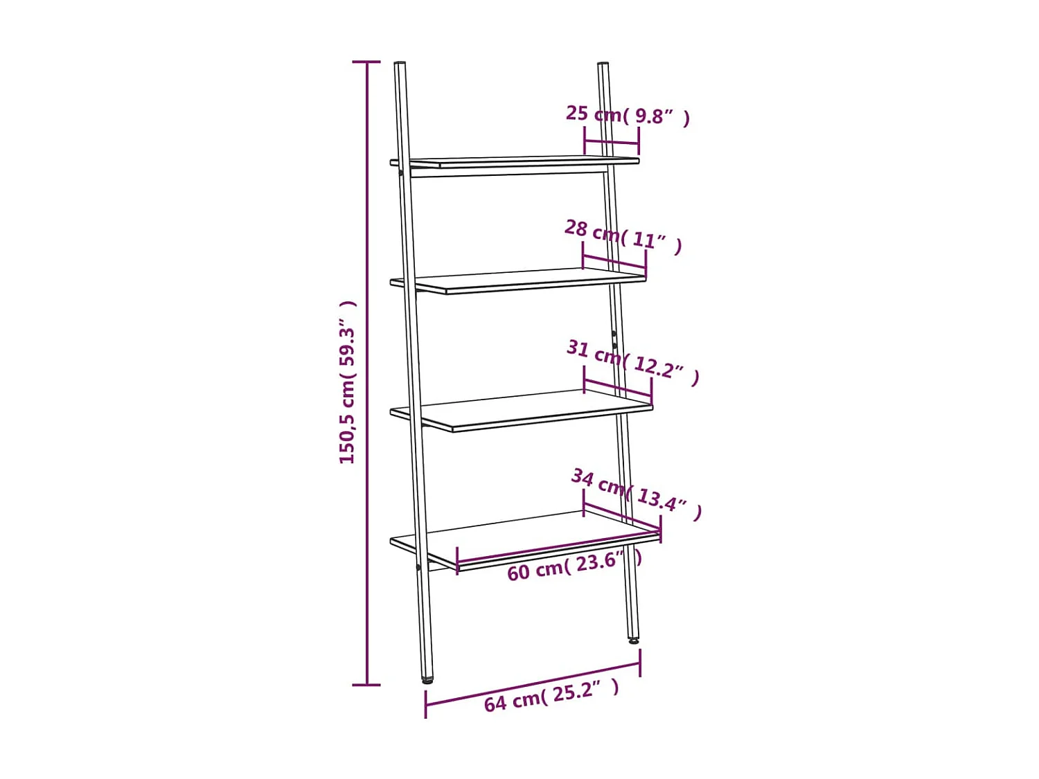 Ladderrek met 4 schappen 64x34x150,5 cm lichtbruin en zwart