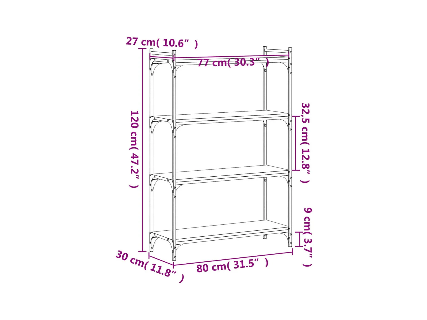 Bücherregal 4 Böden Schwarz 80x30x120 cm Holzwerkstoff