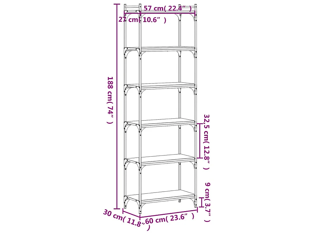 Boekenkast 6-laags 60x30x188 cm bewerkt hout bruin eikenkleur