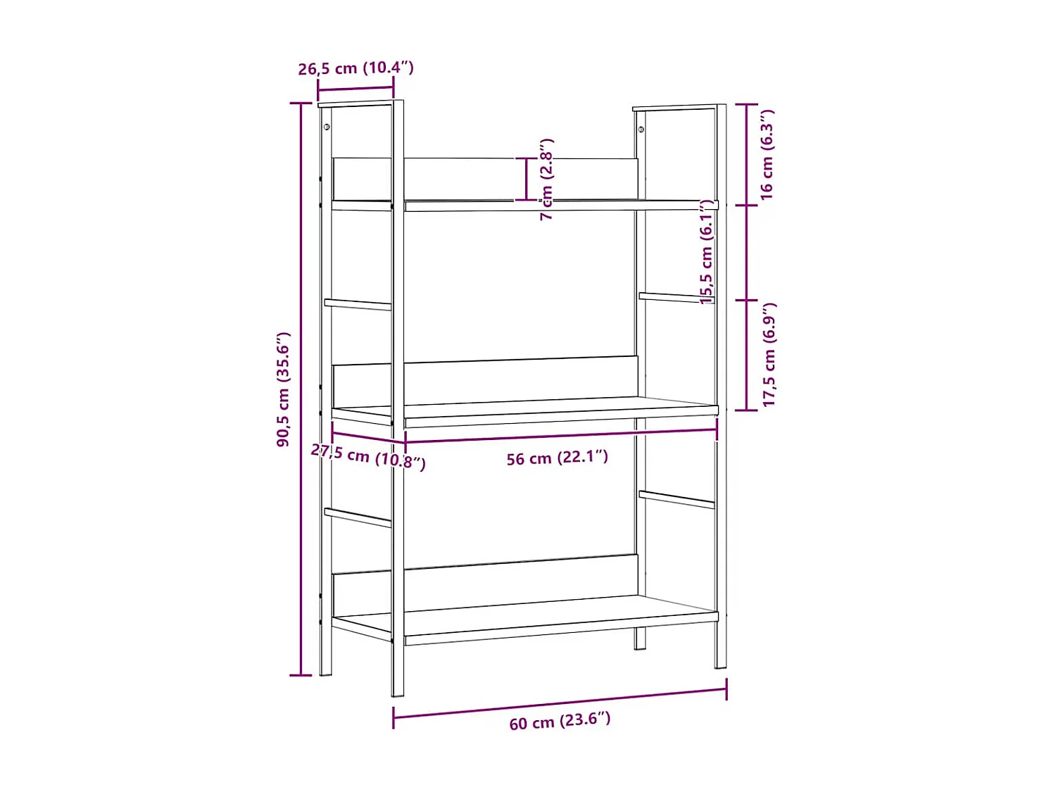 Bibliothèque à 3 niveaux noir 60x27,6x90,5 cm bois d'ingénierie