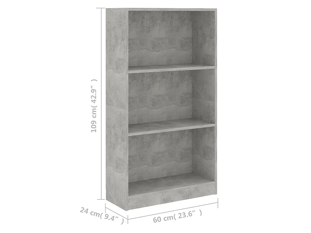 Bibliothèque 3 niveaux Gris béton 60x24x109cm Bois d'ingénierie