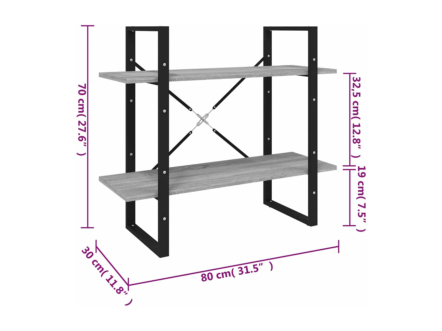 Libreria a 2 Ripiani Grigio Sonoma 80x30x70cm Legno Multistrato
