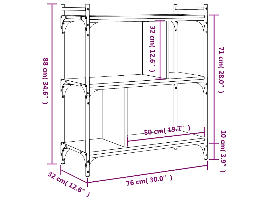 Bibliothèque 3 niveaux sonoma gris 76x32x88cm bois d'ingénierie