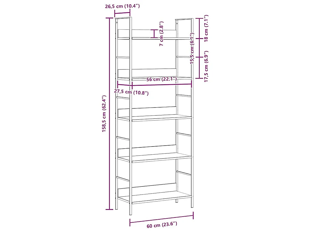 Bibliothèque à 5 niveaux noir 60x27,6x158,5cm bois d'ingénierie