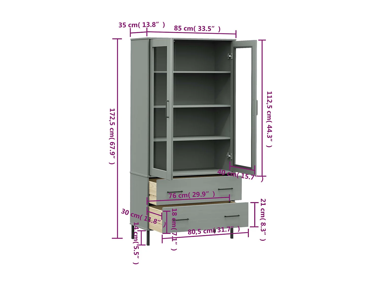 Libreria Gambe Metallo Grigio 85x35x172,5cm Legno Massello OSLO