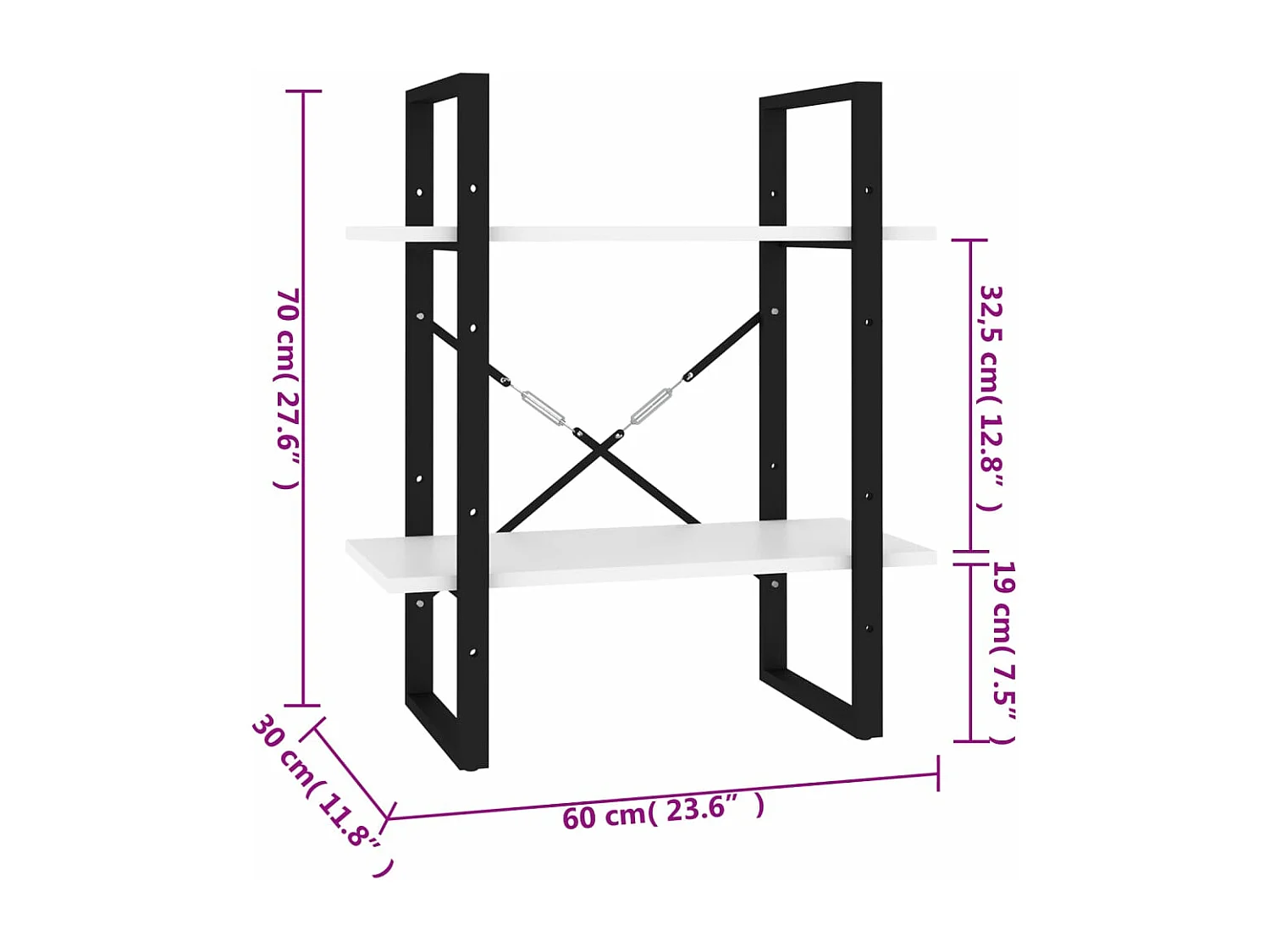 Boekenkast met 2 schappen 60x30x70 cm bewerkt hout wit