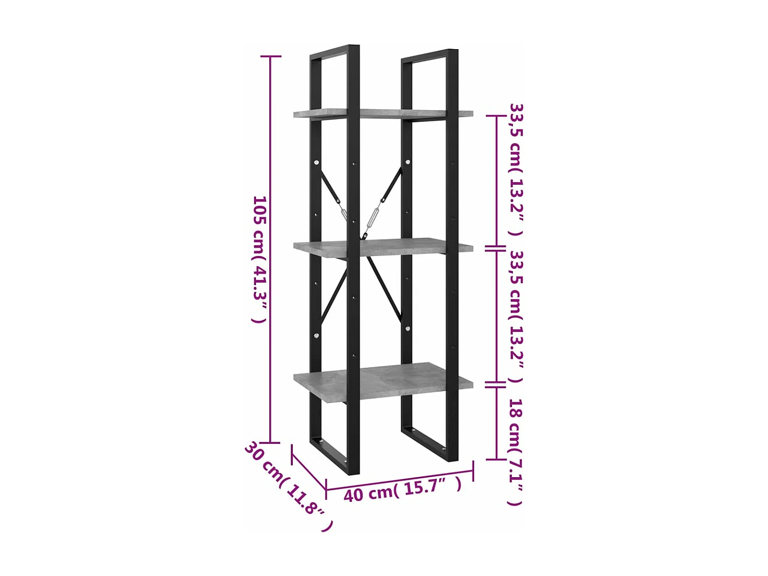 Bibliothèque à 3 niveaux gris béton 40x30x105cm bois ingénierie