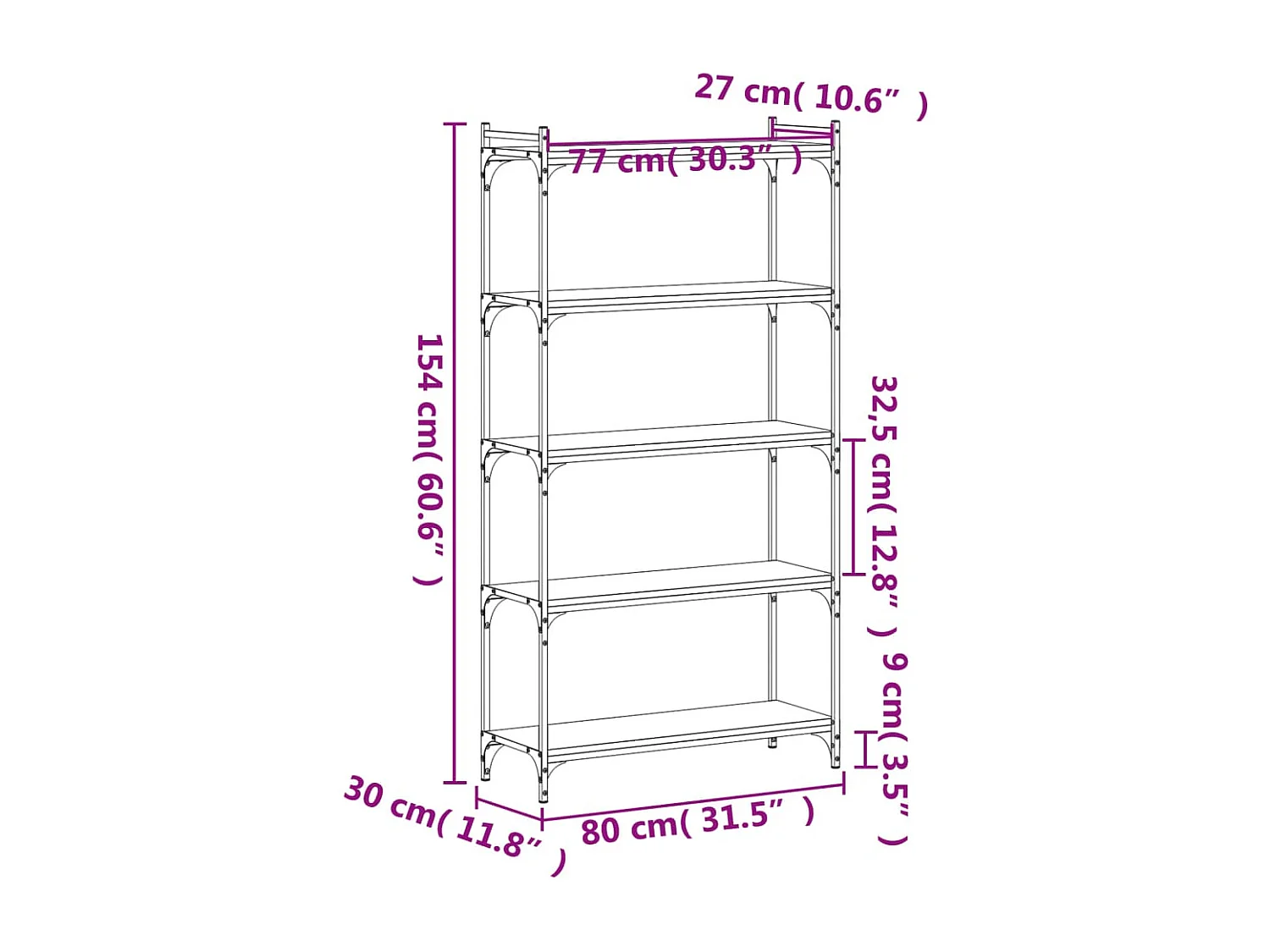 Bücherregal 5 Böden Braun Eiche-Optik 80x30x154cm Holzwerkstoff