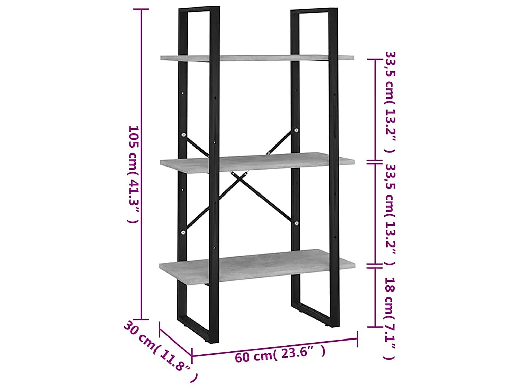 Scaffale Grigio Cemento 60x30x105 cm in Legno Multistrato